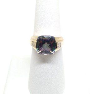 14K YELLOW GOLD SQUARED MULTI COLOR QUARTZ, 8 RD DIA 0.04 CTS SIZE 7